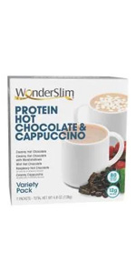 Wonderslim protein cappuccino hot chocolate cocoa mix packet mint marshmallows microwave easy prep