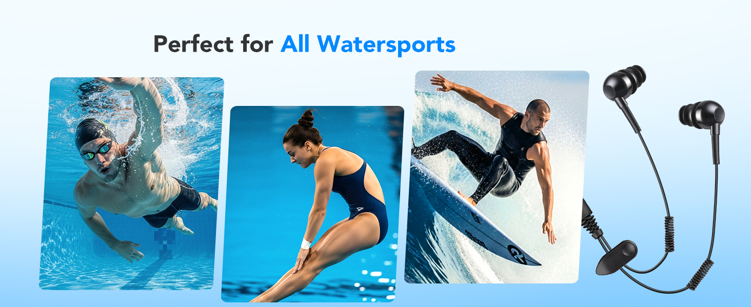 Text reads 'Perfect for All Watersports'. Series of action shots showing water-based activities and swimming scenes.