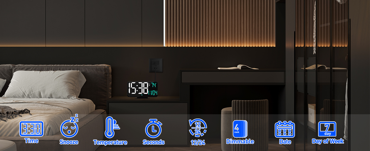 Neasroe Small Digital Clock, 6.7" Desk LED Clocks, Alarm