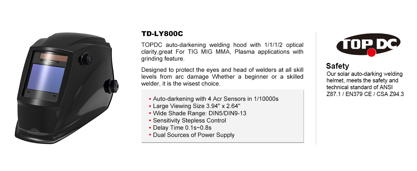 TOPDC Auto Darkening Welding Helmet, SolarBattery Powered Welder Mask