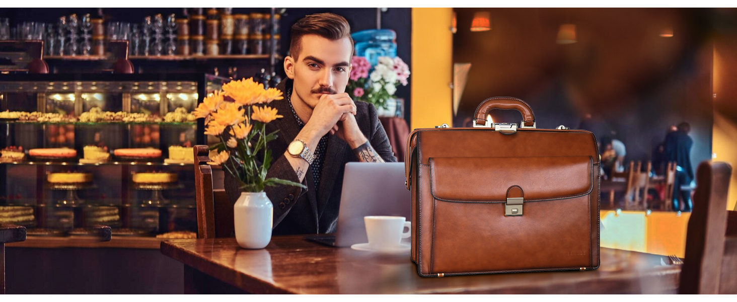 large leather briefcase for men businesss 15.6 inch lawyer bags attorney attache case vintage brown