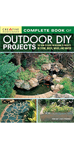 Cover art for Outdoor DIY Projects, showing an outdoor pond with fish, a stone path.
