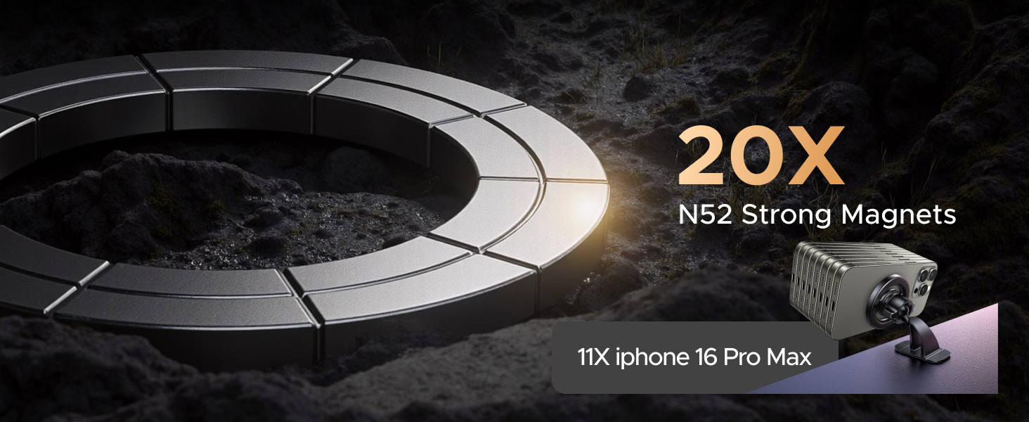 Text reads '20X' and 'N52 Strong Magnets'. Product demonstration showing magnetic device with technical specifications highlighted against dark background.