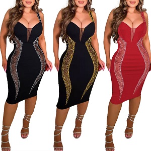 PORRCEY Women Sexy Elegant Rhinestone Bodycon Party Club Night Dresses Hot Drilling Clubwear