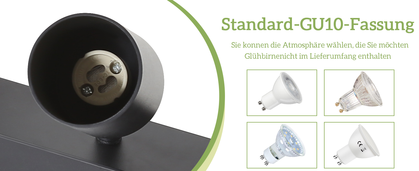 Abbildung des Standard-GU10-Glühlampenfassers mit Abbildung mehrerer kompatibler Lampentypen, einschließlich verschiedener LED-Scheinwerferdesigns