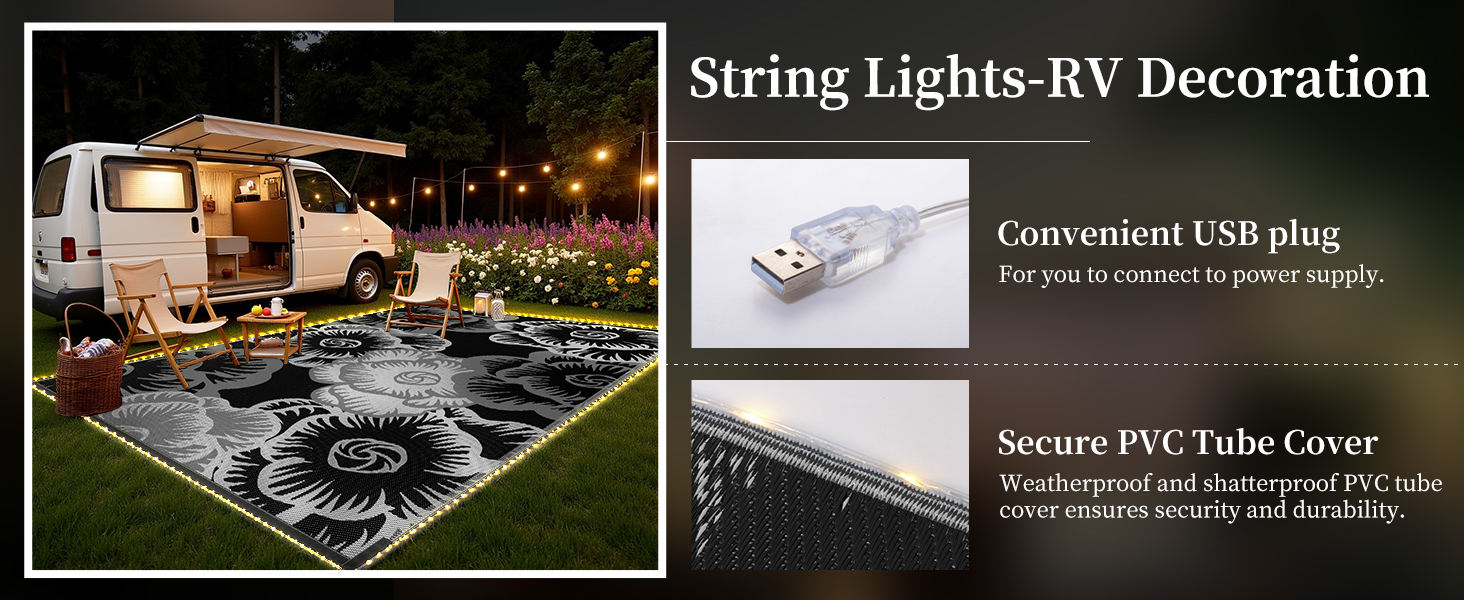 Fairy Outdoor Camping Rug with Led String Strip Lights RV Outdoor Rugs  for Camping
