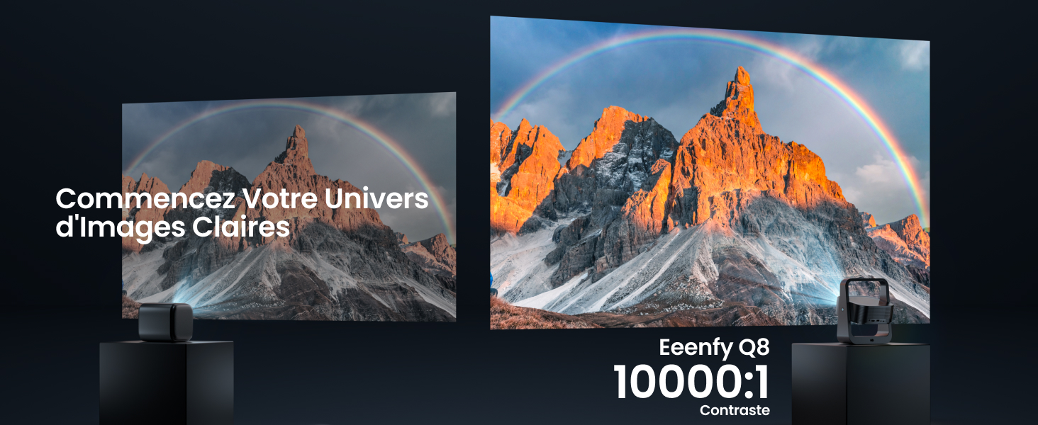 Trois haut-parleurs intelligents noirs affichés avec des images de paysages de montagne, le texte « 10000:1 »