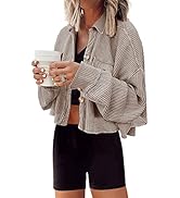 Panadila Women's Cropped Waffle Knit Shacket Short Button Down Jacket Batwing Sleeve Shirts with ...