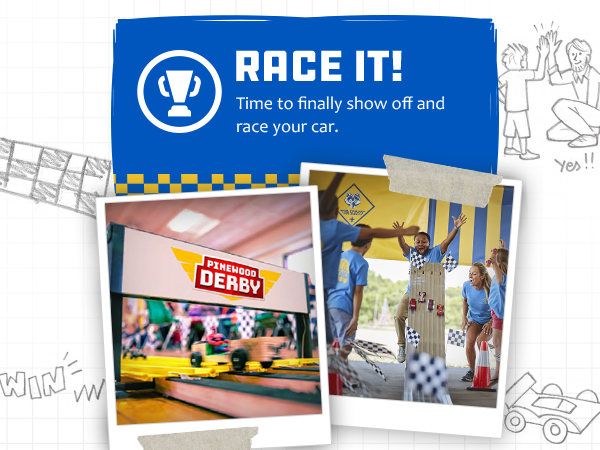 Trophy icon with Race It text, a pinewood derby track