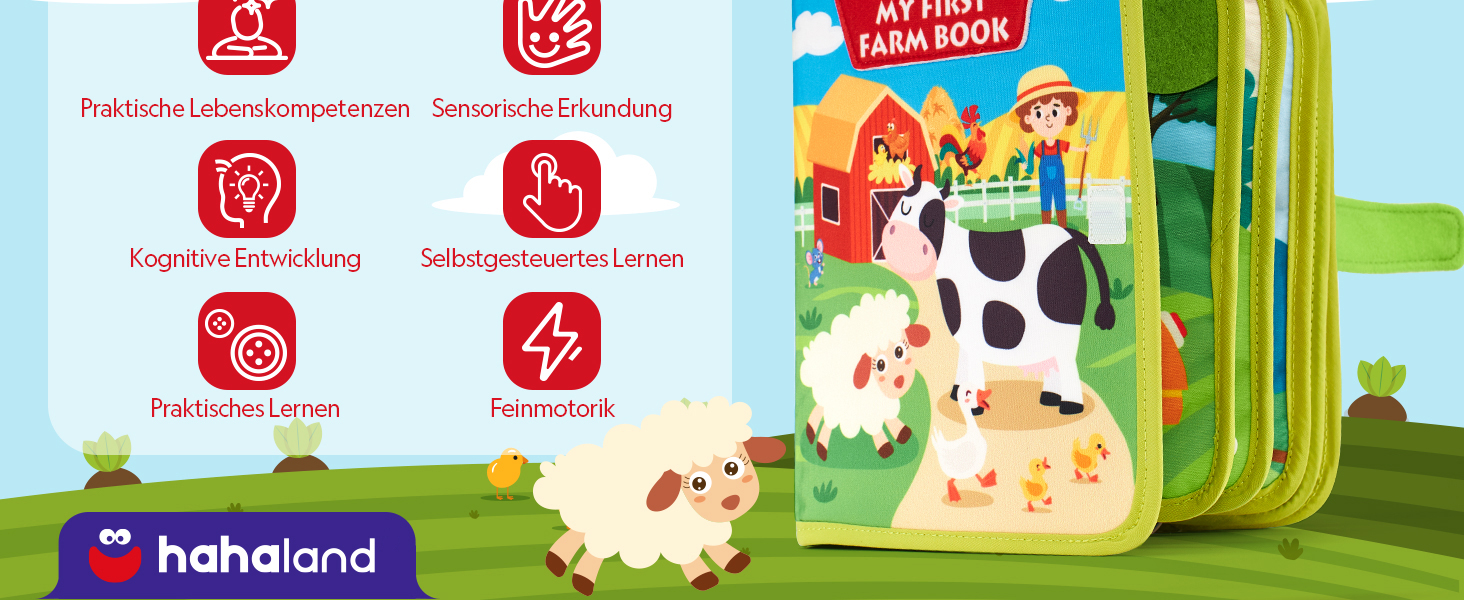 hahaland Quiet Book with Farm Theme, 20 in 1 Busy Board Made of Soft