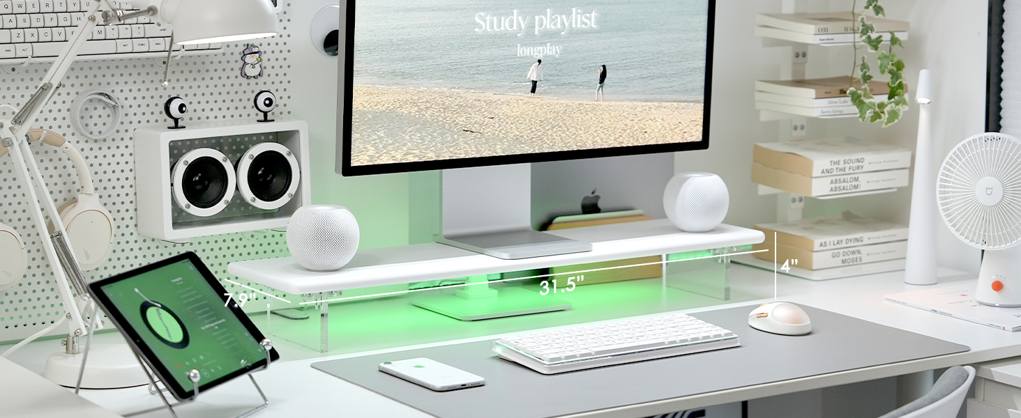 Bamboo Monitor Stand Riser in White with RGB Light