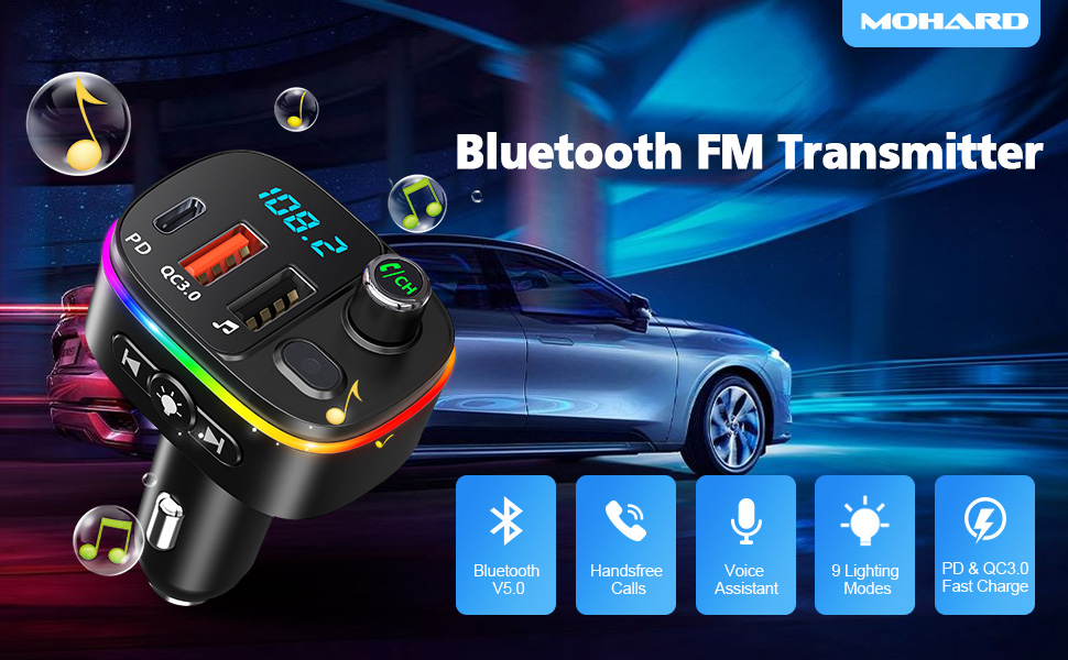 Mohard FM Transmitter for Car Bluetooth 5.0, QC3.0 & PD 18W USB C Car