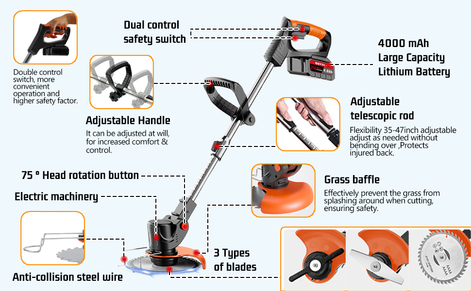 Electric Weed Wacker Cordless Weed Eater, 21V/4.0Ah Battery Powered Brush Cutter