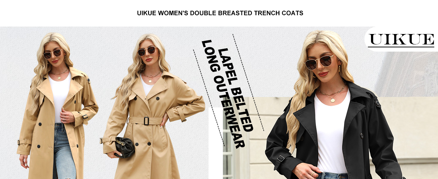 Women's Double Breasted Long Trench Coat Windproof Classic Lapel Slim Overcoat with Belt