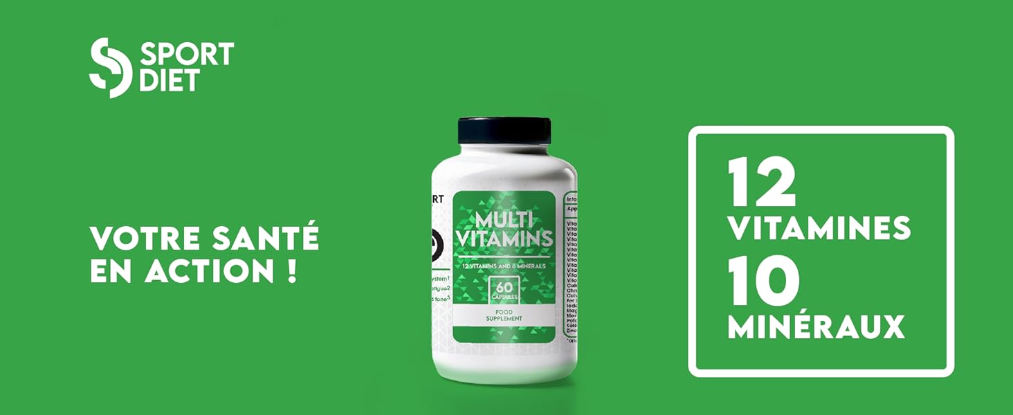 Flacon blanc de supplément multivitaminique sur fond vert. Le produit contient 12 vitamines et 10 minéraux. Le texte en français indique « Votre santé en action ! »
