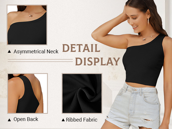 Verdusa Women's Sexy One Shoulder Sleeveless Ribbed Crop Top