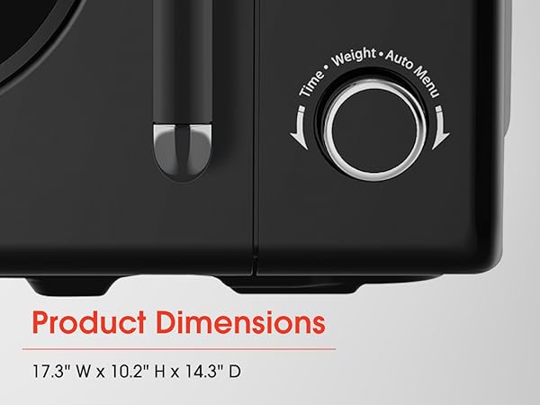 An open retro microwave oven. Text reads: Vintage control dial. 