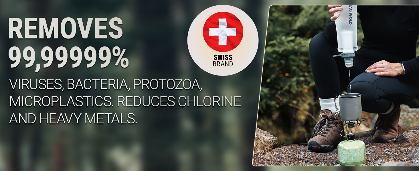 Text reads 'REMOVES 99.9999%' followed by medical cross symbol and additional text in different languages, shown against dark background.