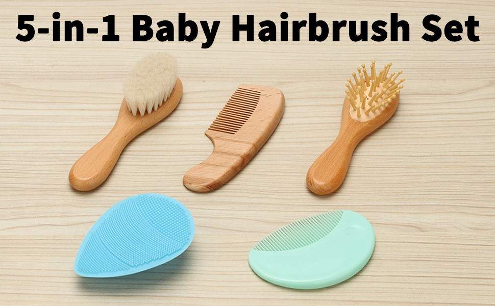Baby Hair Brush and Comb Set, 5 in 1 Wooden Natural Goat