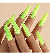 Fluorescent Green Chrome Press on Nails Long Ballerina Fake Nails Metallic Mirror Coffin False Na...
