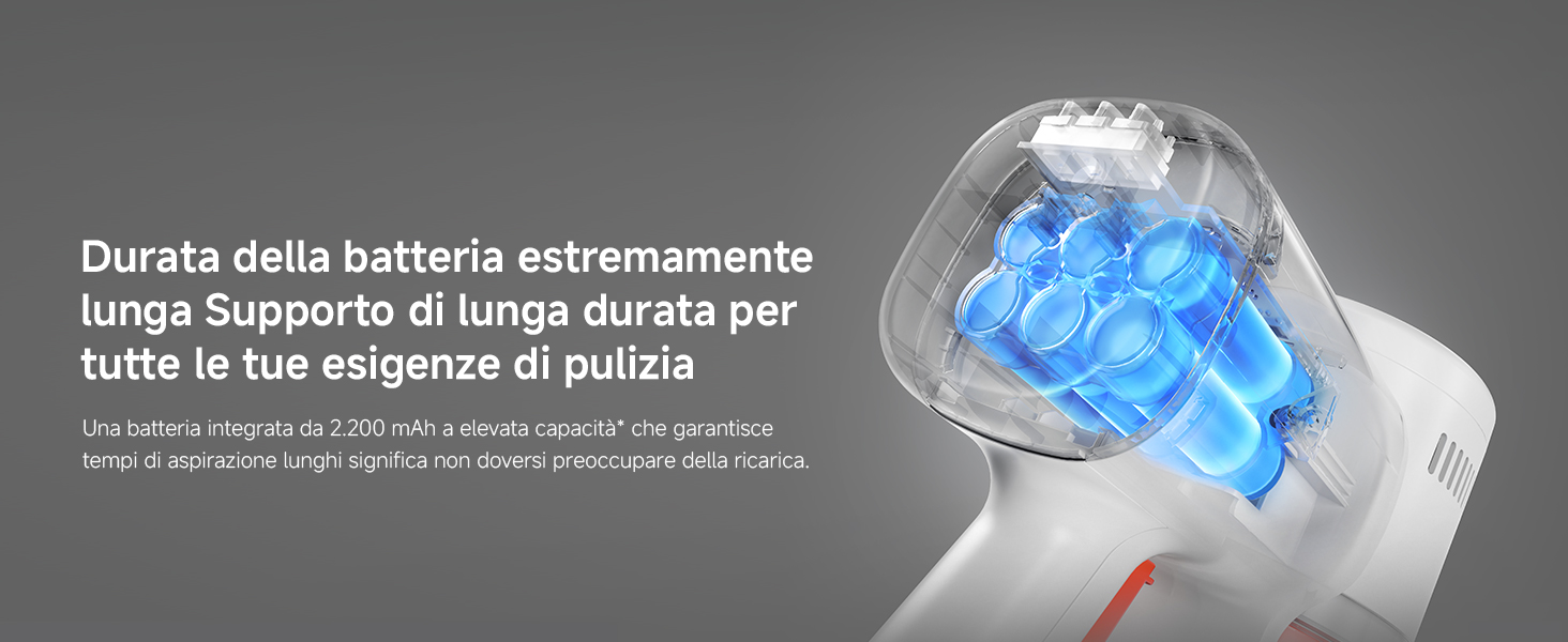 Il testo recita «Durata della batteria estremamente lunga Supporto di lunga durata per tutte le tue esigenze di gioco». L'illustrazione mostra l'icona blu della batteria che si illumina.
