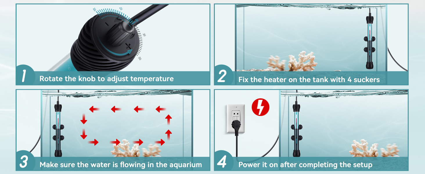 Use the aquarium heater in a fish tank by rotating the knob to adjust temperature