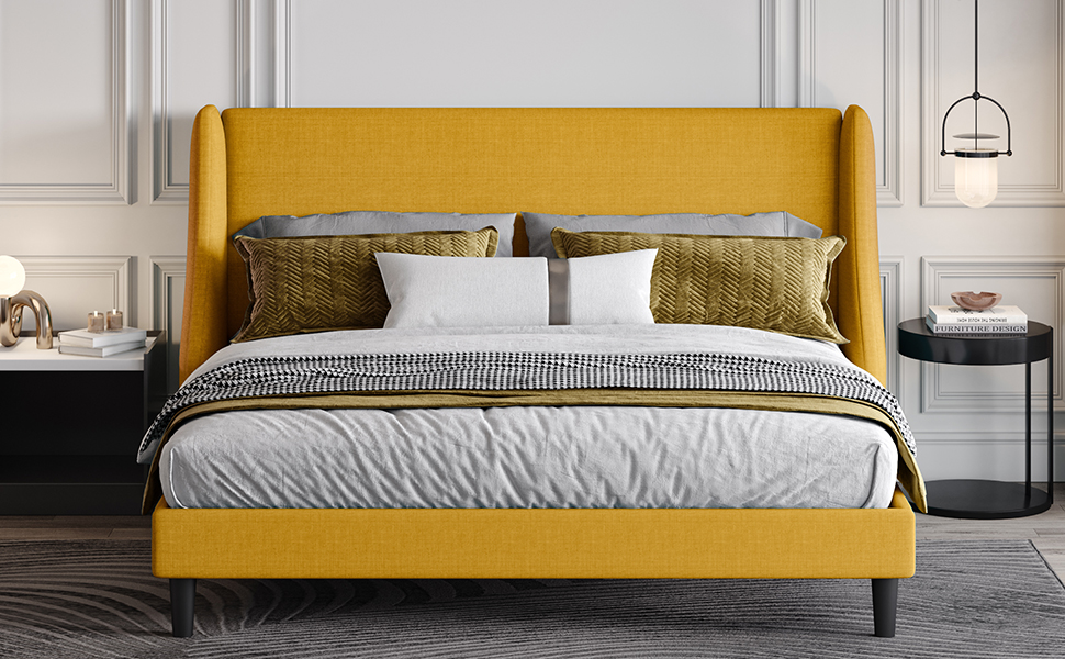ONBRILL King Size Wingback Upholstered Platform Bed Frame