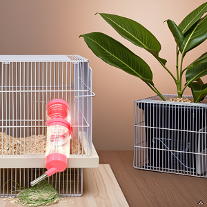 A cozy pet habitat with a wooden floor and a few toys scattered around the product.