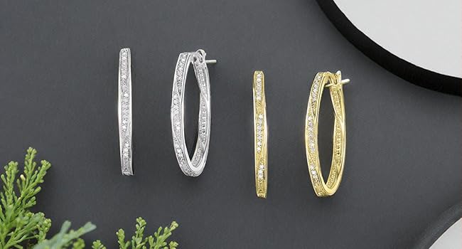 Diamond hoop earrings with twist in white and yellow color