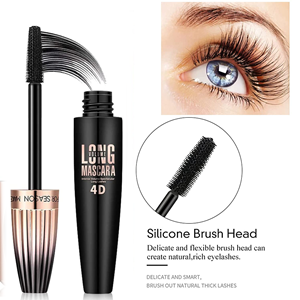 Mascara product with black tube and gold cap, alongside images of an eye with long lashes and a close-up of the silicone brush head.