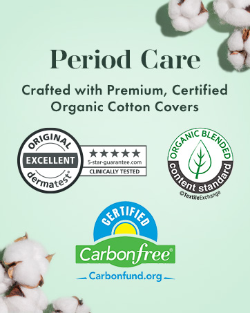 Product packaging for 'Period Care' featuring cotton bolls. Highlights include 'Certified Organic Cotton Covers', 'Excellent Dermatest', '5-star guarantee', and 'Carbonfree' certification logos.