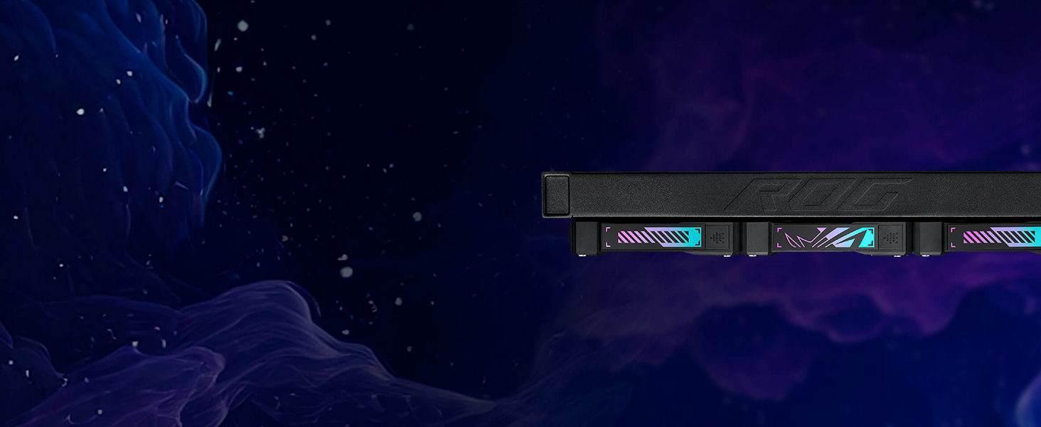 Le texte se lit comme suit : « Image 6 ». Vue latérale de la barre de montage éclairée avec éclairage RGB sur un fond sombre sur le thème de l'espace.