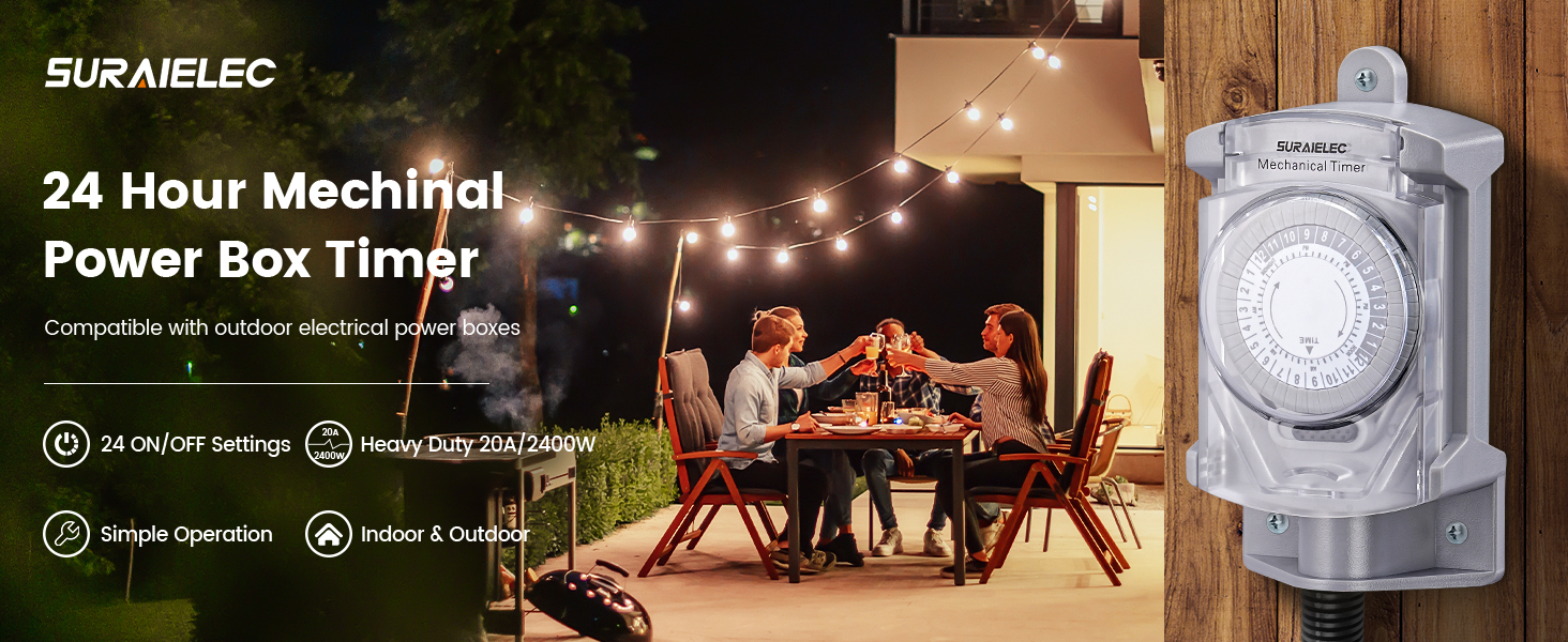 SURAIELEC 20 AMP 24 Hour Mechanical Timer Switch for Outdoor Electrical ...