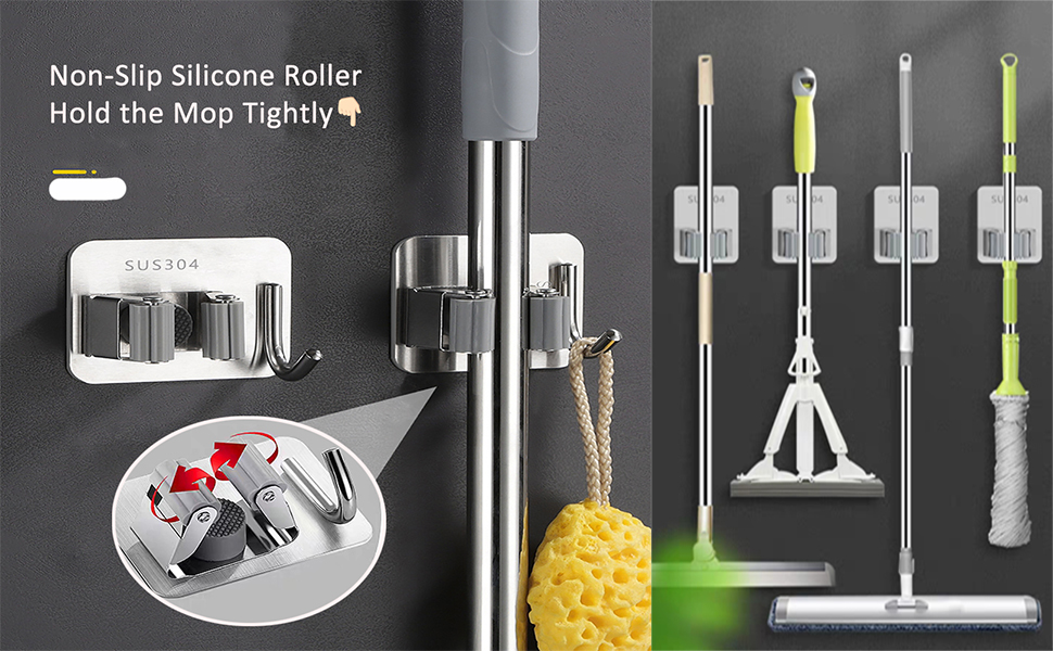 JIALTO Adhesive Mop Holder and Broom Holder Wall Mounted Steel
