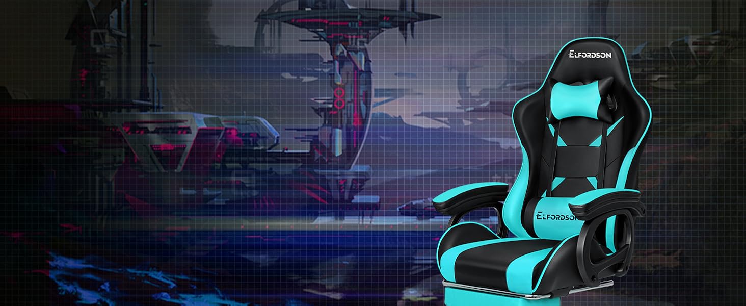 ELFORDSON Gaming Chair Lumbar Massage With Footrest, Cyan & Black 12 3-1