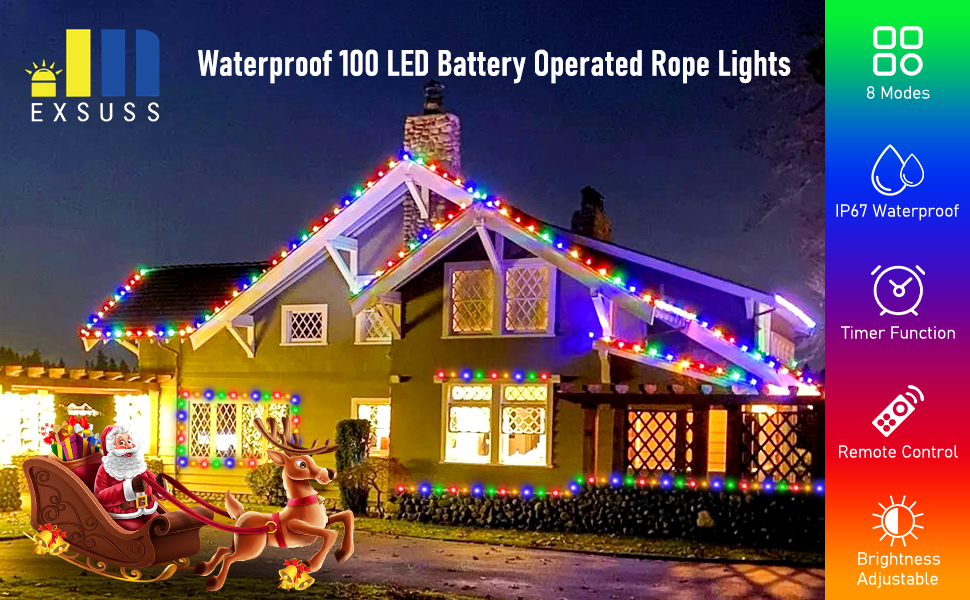 JMEXSUSS 100 LED Battery Rope Lights Outdoor Waterproof