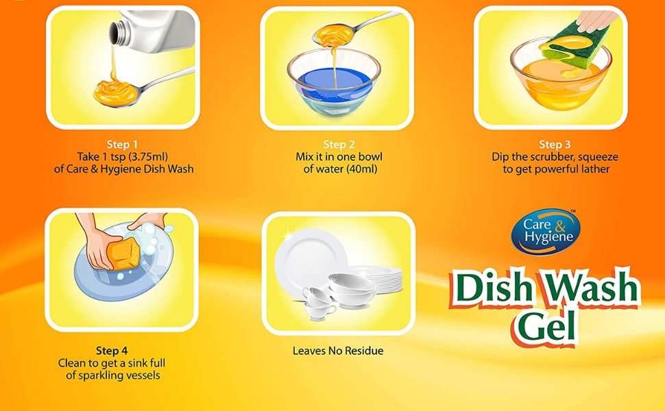Care And Hygiene Dishwash Gel, 5 Litres Economy Pack, Yellow, Powerful