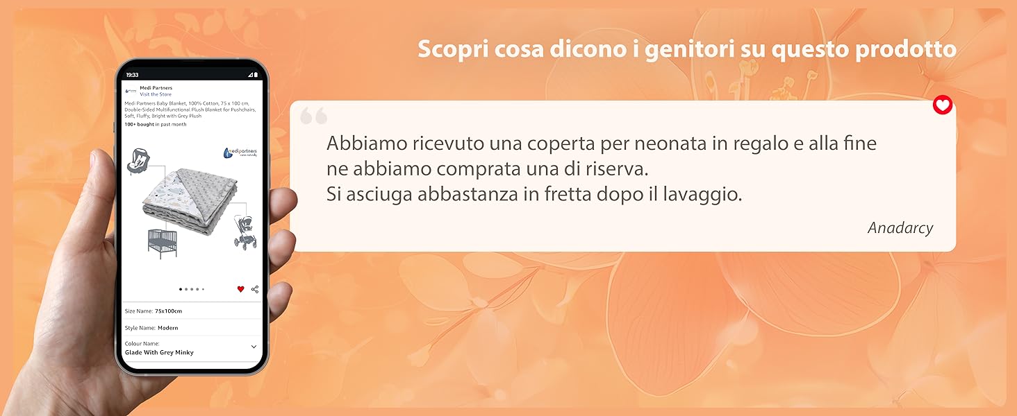 Il testo recita 'Scopri cosa dicono i genitori su questo prodotto'. Collage di schermate dell'interfaccia dell'app mobile che mostrano recensioni o valutazioni dei prodotti in uno schema di colori arancione e bianco.