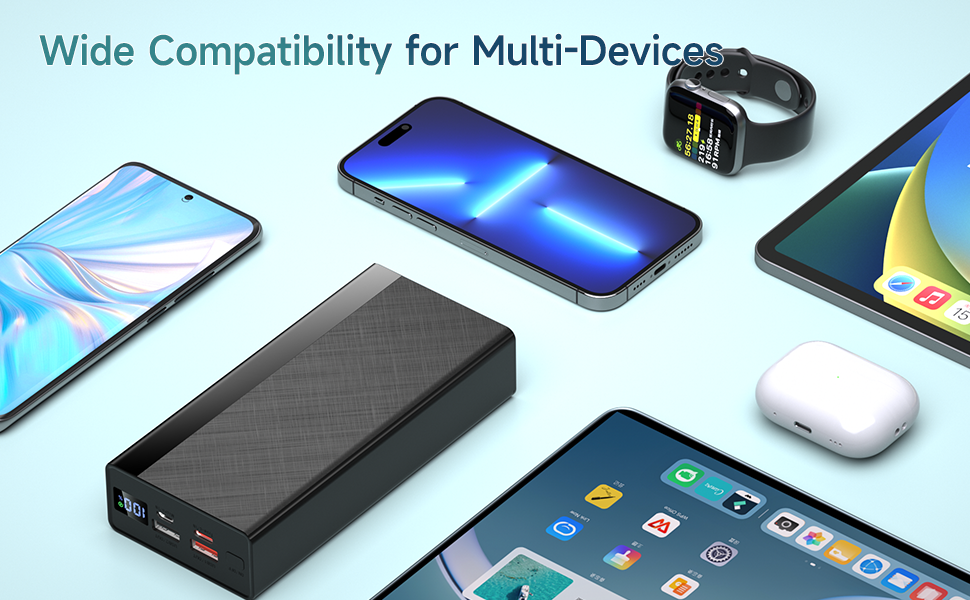 Product compatibility display showing various devices including smartphones, wireless earbuds, and a smartwatch with text indicating multi-device support.