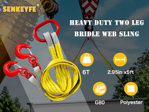 SENKEYFE Lifting Slings Straps with Hooks 5ft Two Leg Bridle