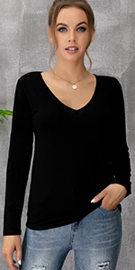 MANGDIUP Tshirts for Women Deep V Neck Long Sleeve Tops Black