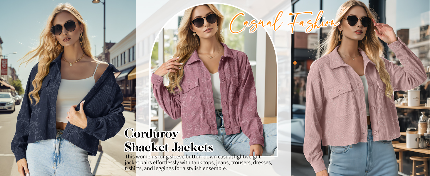 Three images of a woman wearing different shacket jackets: blue denim, light pink, and darker pink. Urban background visible.