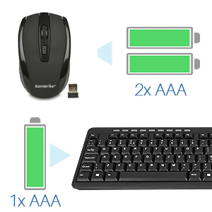 Wireless computer peripherals with battery information. Shows a black mouse using 2 AAA batteries and a compact keyboard using 1 AAA battery, both with green battery indicators.