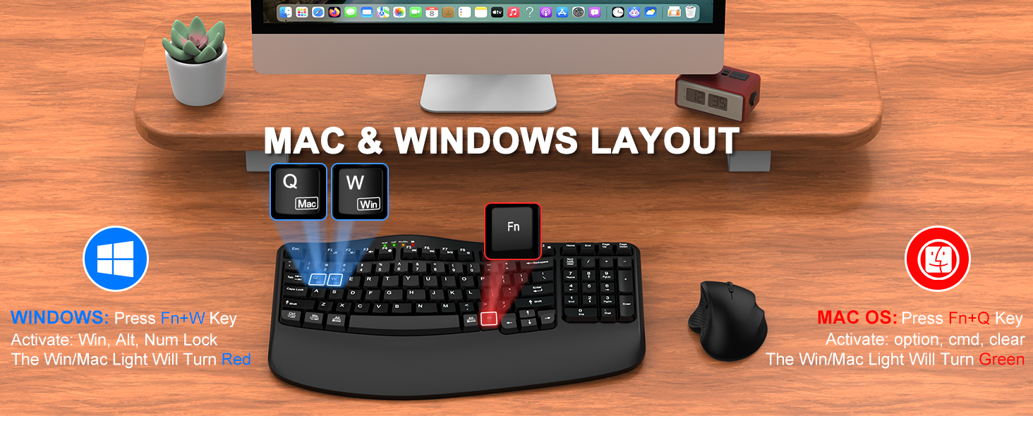 Wireless Keyboard and Mouse Combo Wave Keys Ergonomic Keyboard Wrist Rest Advanced Ergonomic Mouse