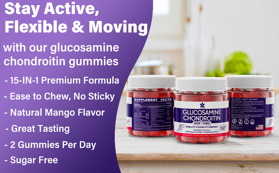 Sugar Free Glucosamine Chondroitin MSM Gummies 2250mg w/ Boswellia, Turmeric