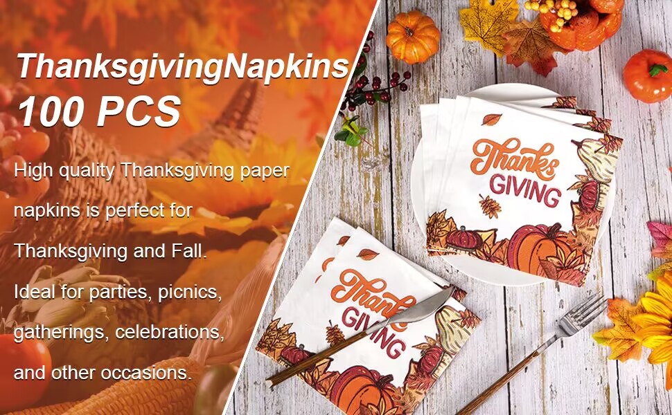 Homlouue 100 Pcs Thanksgiving Paper Napkins, Fall Pumpkin