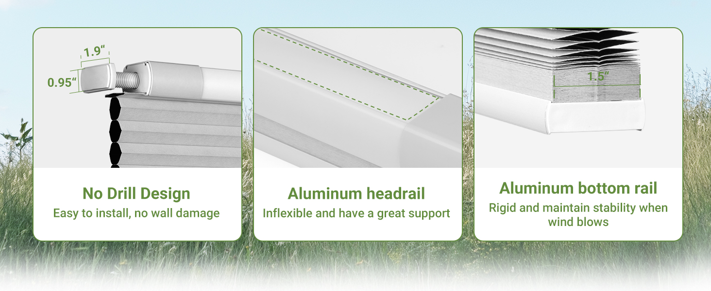 MoDanCeQ No Drill No Tool Cordless 1.5" Blackout Cellular Shades for