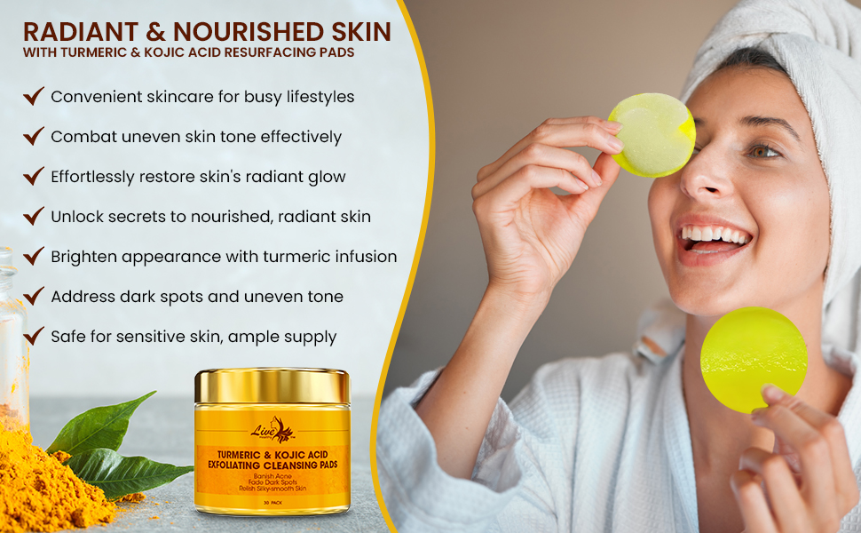 Kojic Acid & Turmeric Cleansing Pads Exfoliating, Brightening, Acne Scars, Unclog
