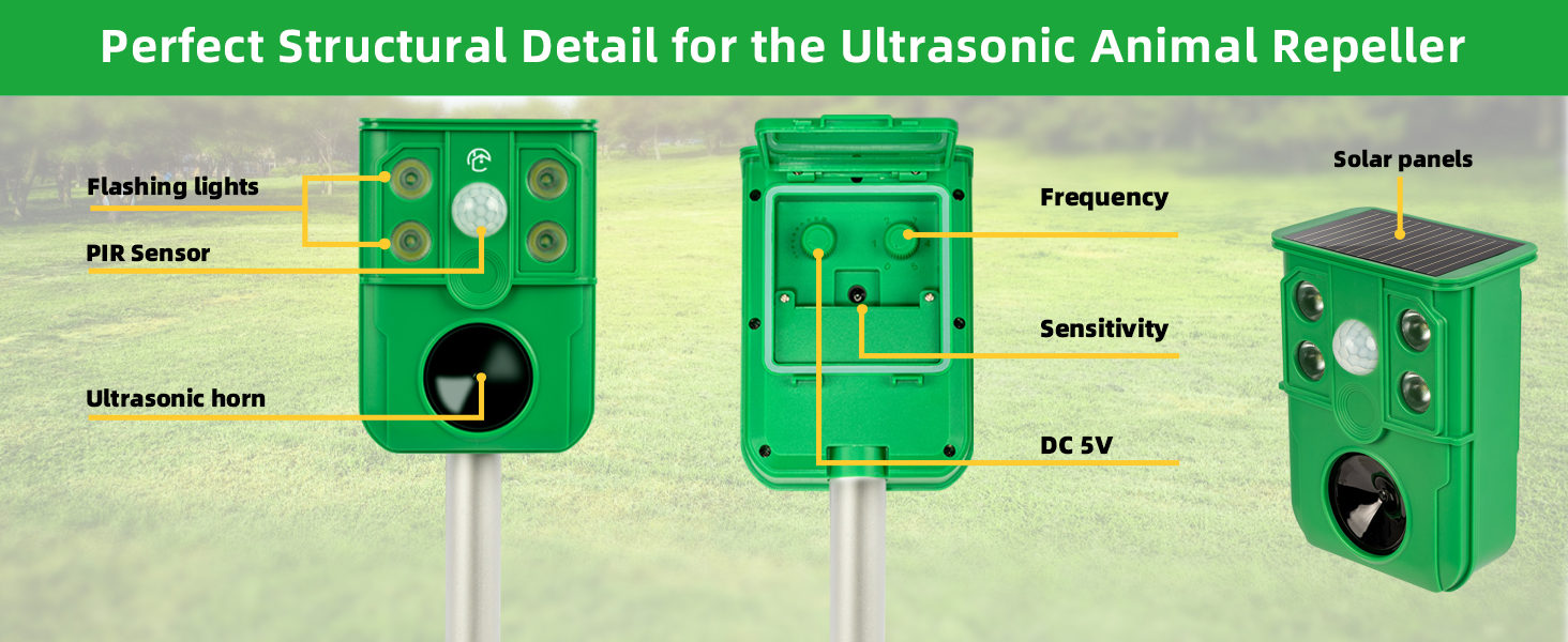 Careland Cat Repellent Outdoor Solar Ultrasonic Deer Repeller Squirrel Deterrent