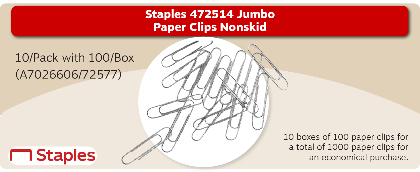 Staples 472514 Jumbo Paper Clips Nonskid 10/Pack with 100